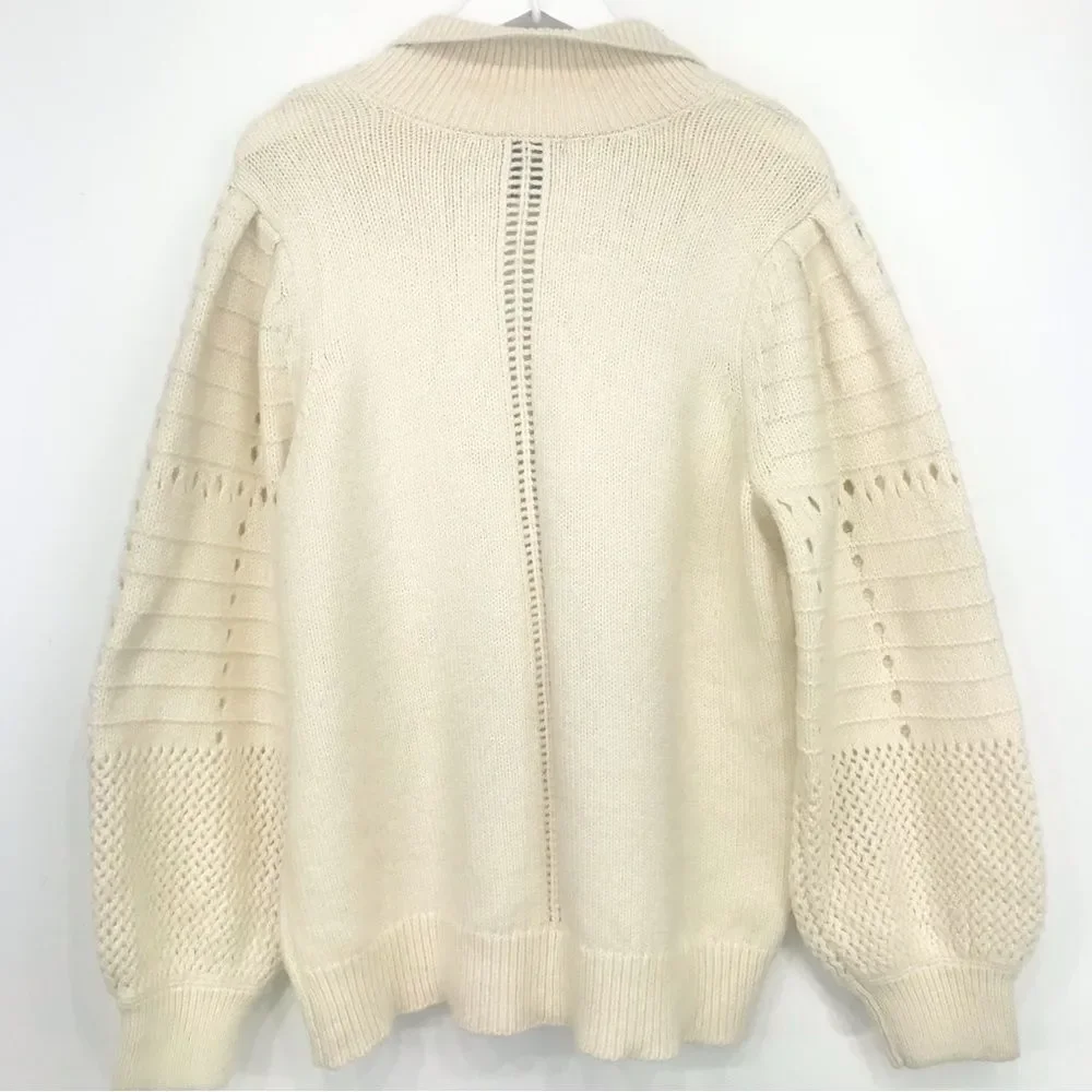Design 365 Cream Cozy Puff Sleeve Collared Pullover Thick Knit Sweater